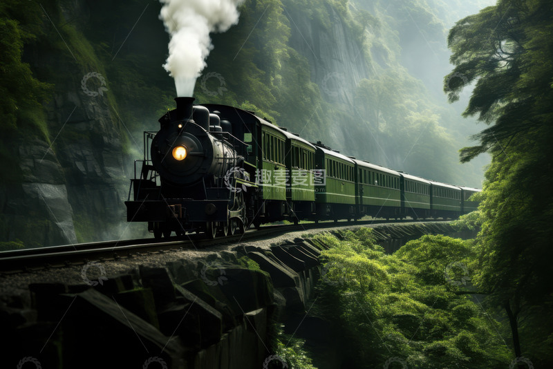 高清大图下载【趣麦麦图】山间行驶的绿皮火车