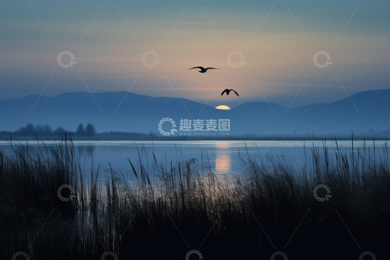 高清大图下载【趣麦麦图】湖畔大雁落日远山