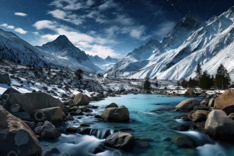 高清大图下载【趣麦麦图】雪山石头河流