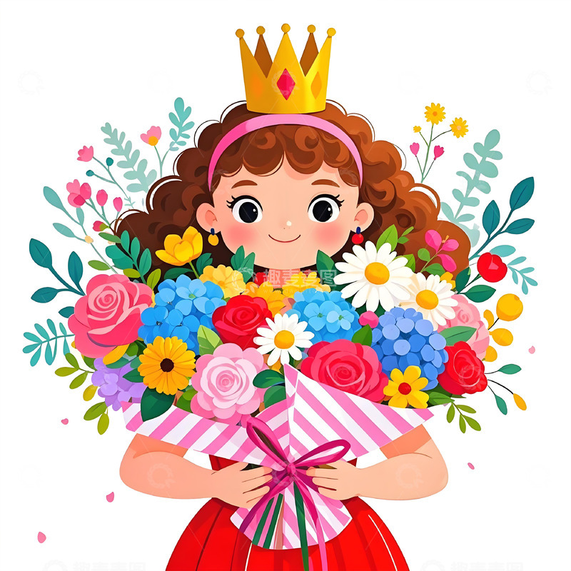 高清大图下载【趣麦麦图】女王公主女神手抱花束插画素材