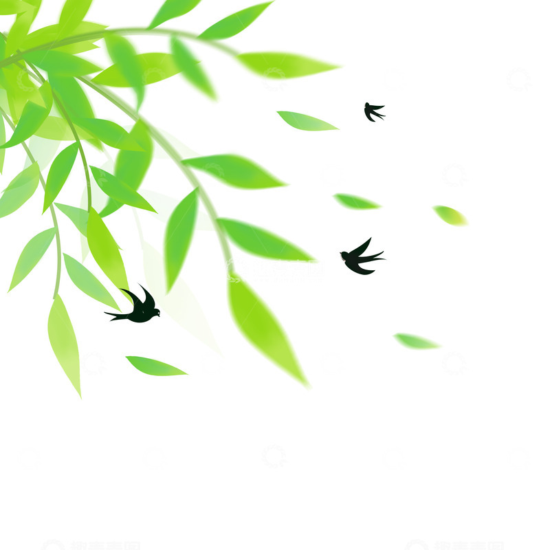 源文件下载【趣麦麦图】春天绿色柳叶植物枝条柳树枝燕子元素