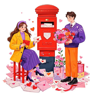 情侣送鲜花邮筒卡通插画素材