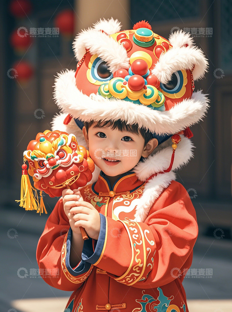 高清大图下载【趣麦麦图】头戴舞狮头穿着中式新年服饰的小孩