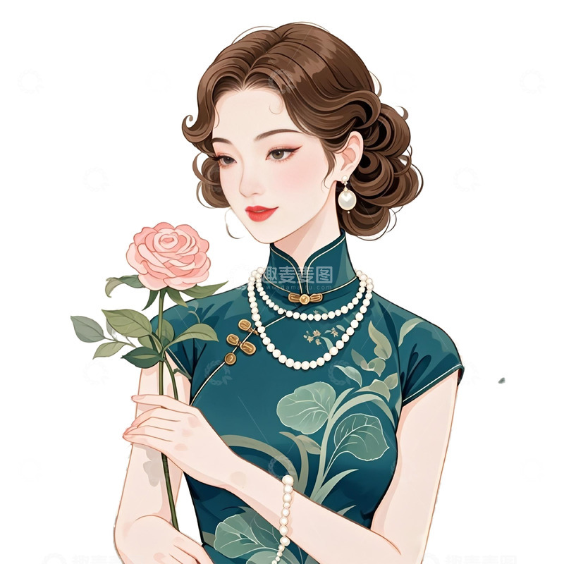 高清大图下载【趣麦麦图】女神节绿色旗袍女人插画素材