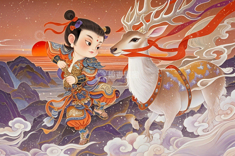 高清大图下载【趣麦麦图】哪吒与鹿国风插画背景