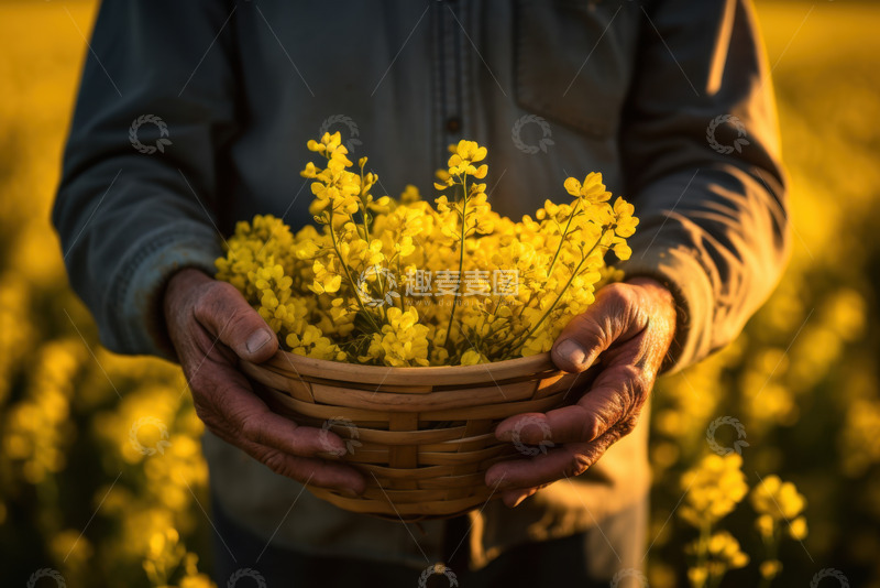 高清大图下载【趣麦麦图】抱着一篮子油菜花的农民