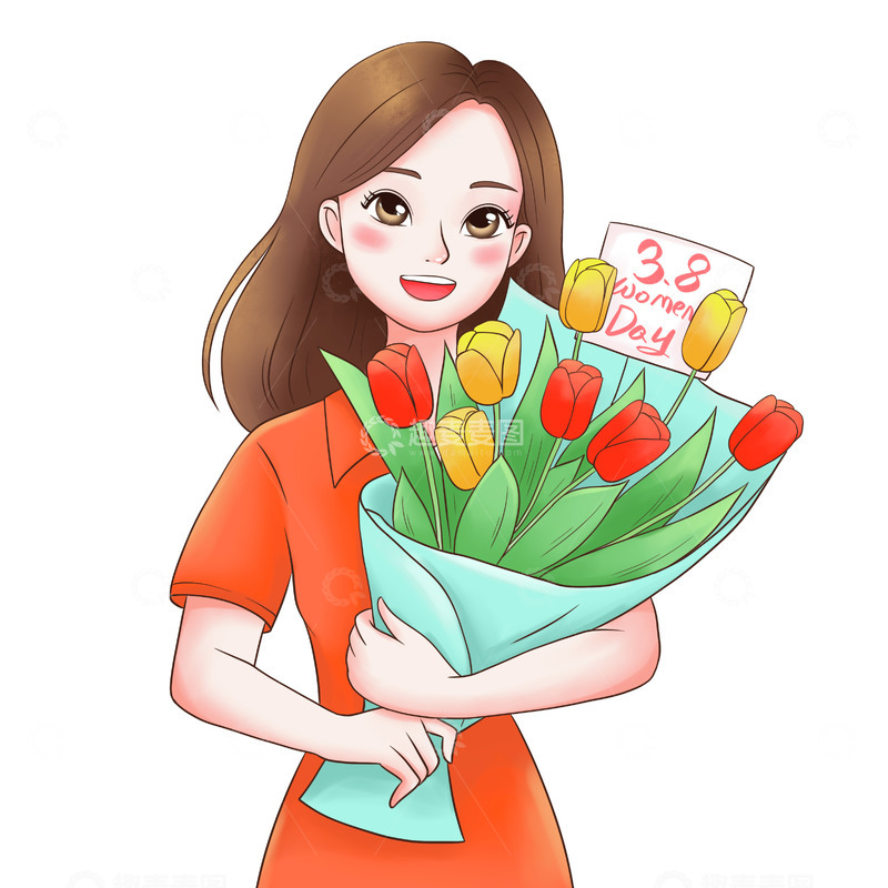 源文件下载【趣麦麦图】三八妇女节女生节女神节女孩抱花