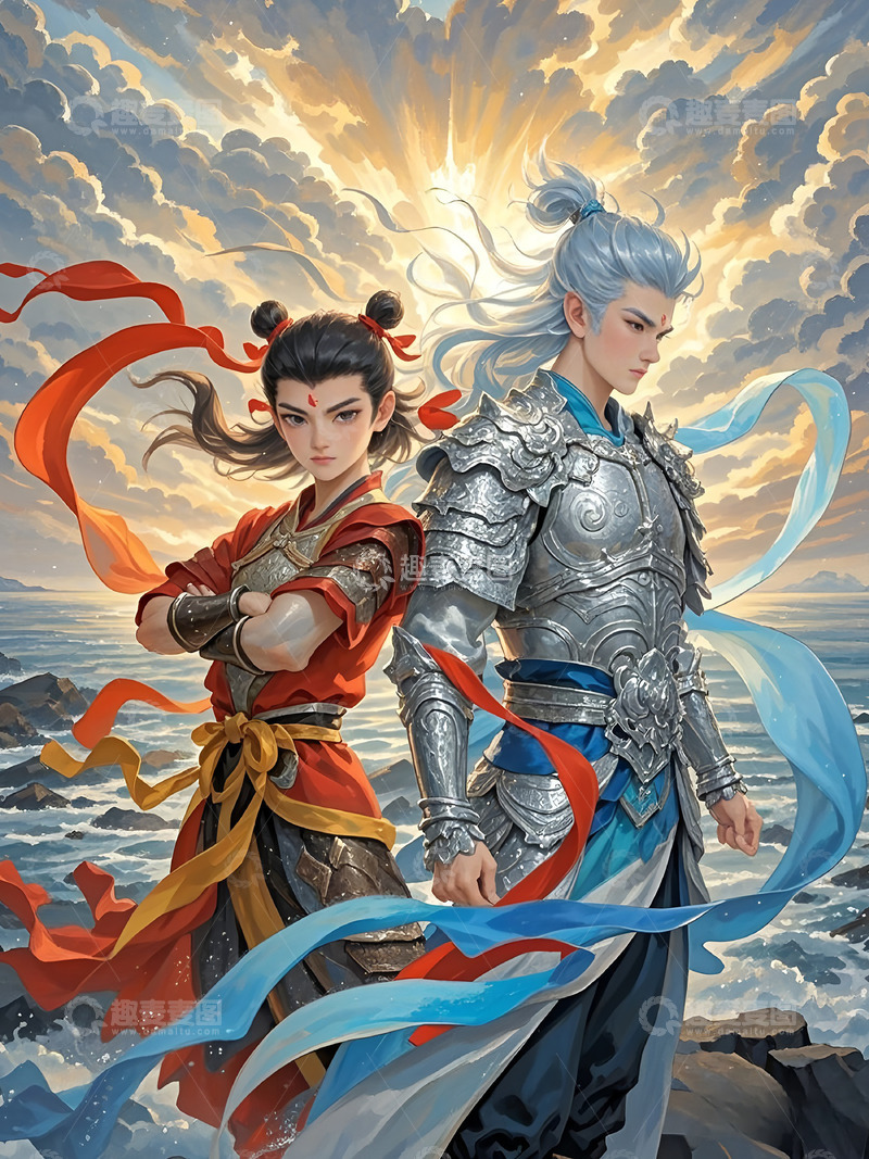 高清大图下载【趣麦麦图】哪吒敖丙卡通插画人物背景