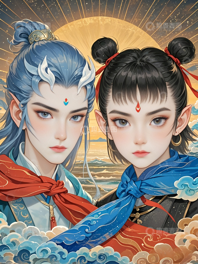 高清大图下载【趣麦麦图】敖丙和哪吒插画背景素材