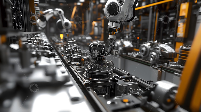 高清大图下载【趣麦麦图】工业机械手臂在自动化生产线上作业