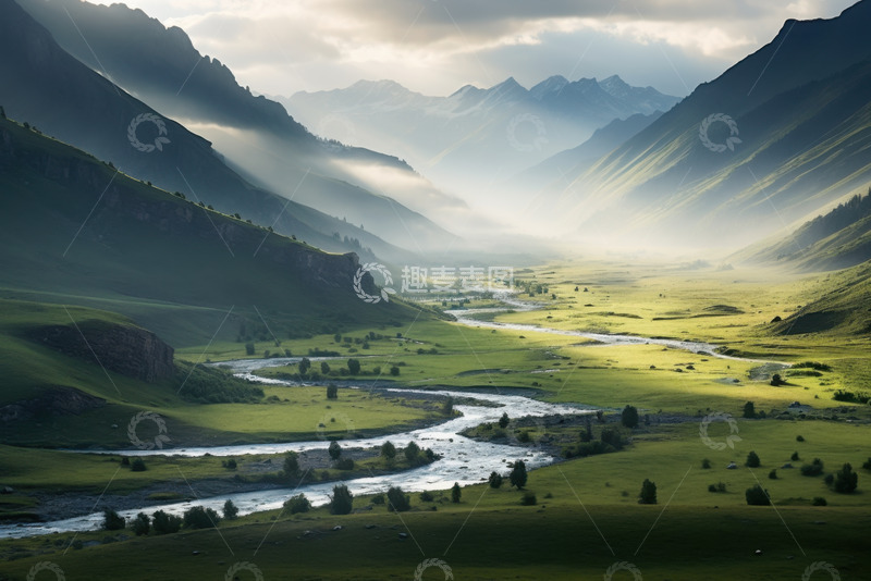 高清大图下载【趣麦麦图】山谷溪流云雾