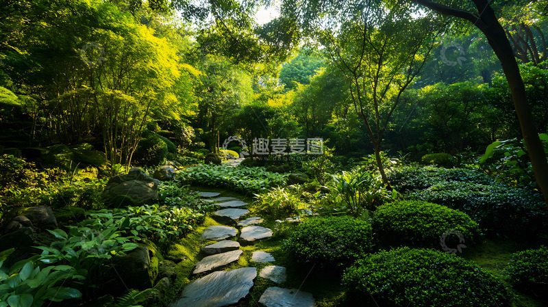 高清大图下载【趣麦麦图】阳光照耀下的宁静花园小径