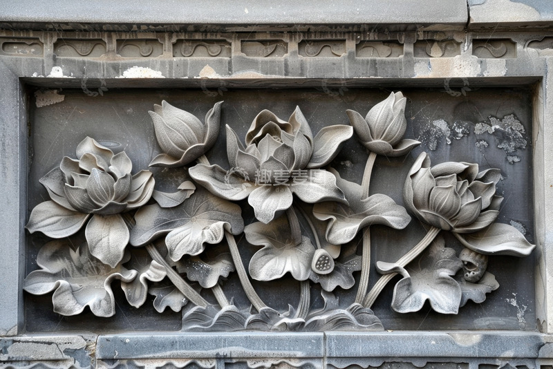 高清大图下载【趣麦麦图】石壁上雕刻的荷花