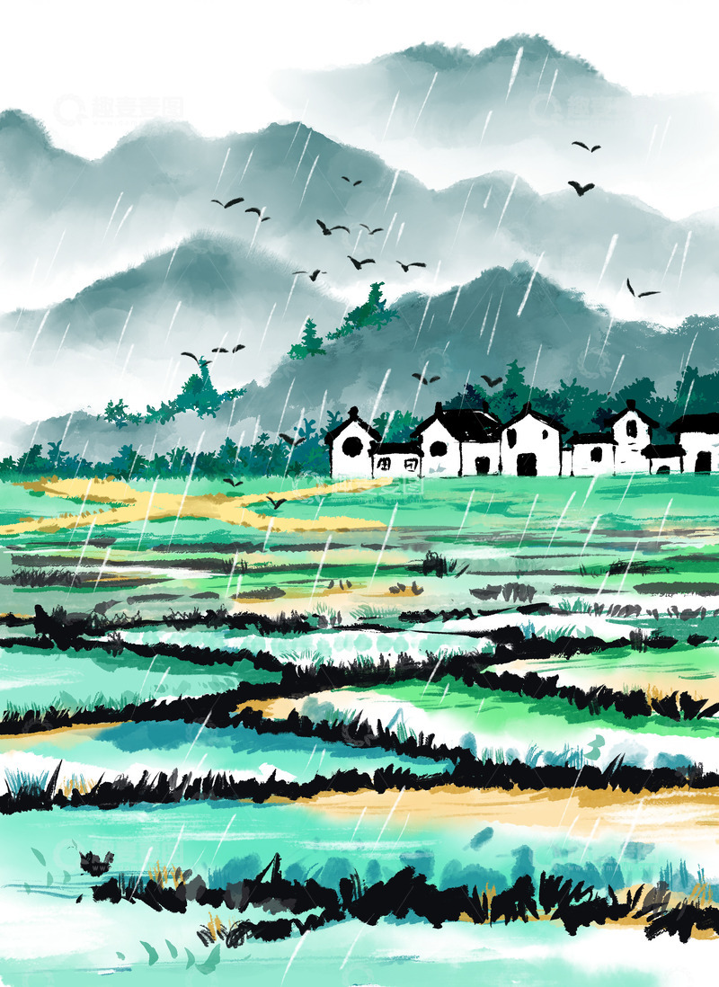 源文件下载【趣麦麦图】二十四节气雨水水墨插图