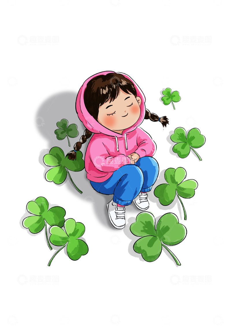源文件下载【趣麦麦图】春天在四叶草地晒太阳的小女孩卡通插画