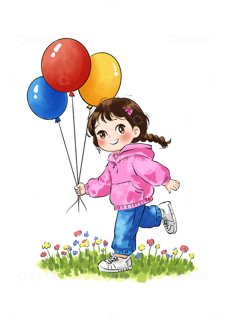 源文件下载【趣麦麦图】-春天拿着气球在花草地玩耍的小女孩手绘卡通