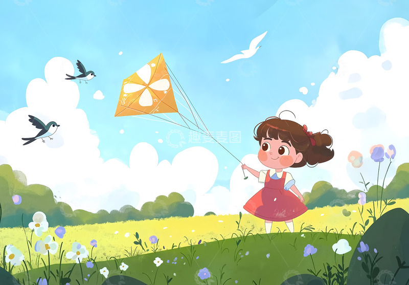 高清大图下载【趣麦麦图】春季放风筝的小女孩插画背景