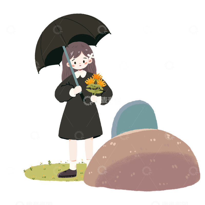 源文件下载【趣麦麦图】清明扫墓女孩打伞手捧鲜花