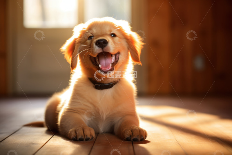高清大图下载【趣麦麦图】趴在木地板上开心的小狗