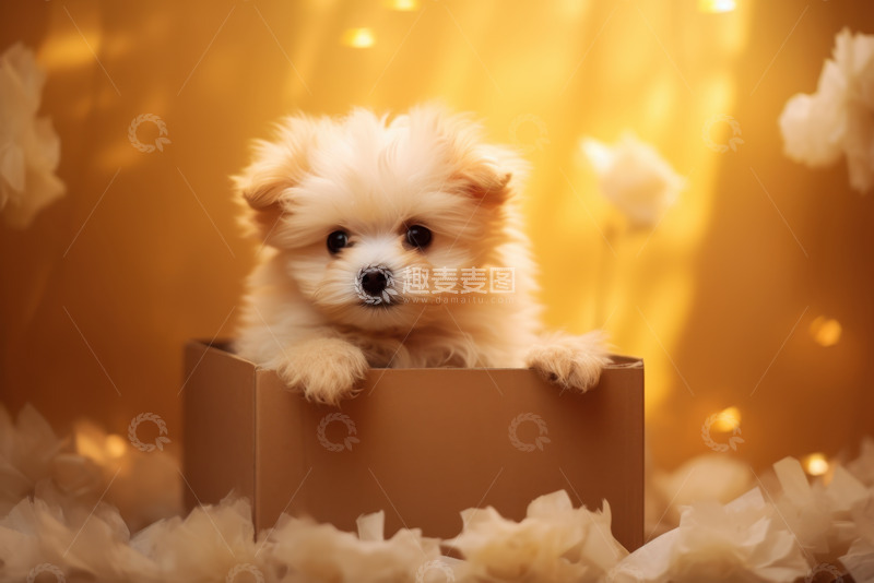 高清大图下载【趣麦麦图】装在纸盒里的可爱小狗