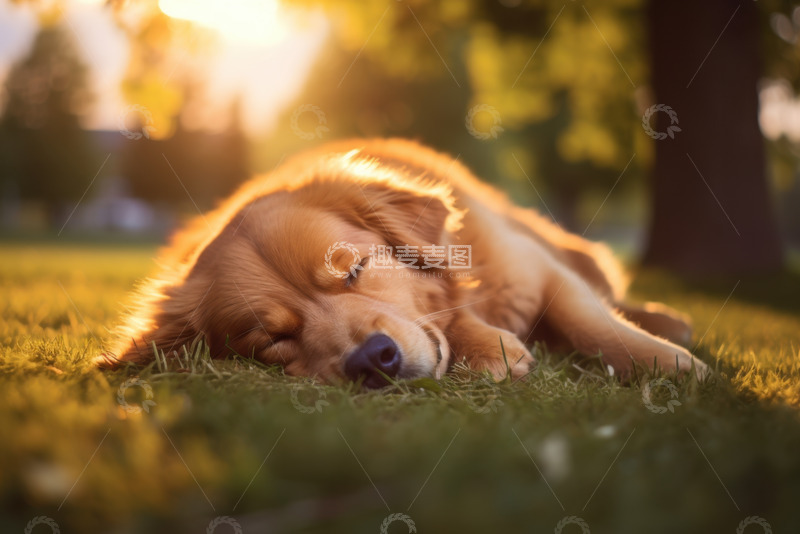 高清大图下载【趣麦麦图】躺在草坪上睡觉的小金毛