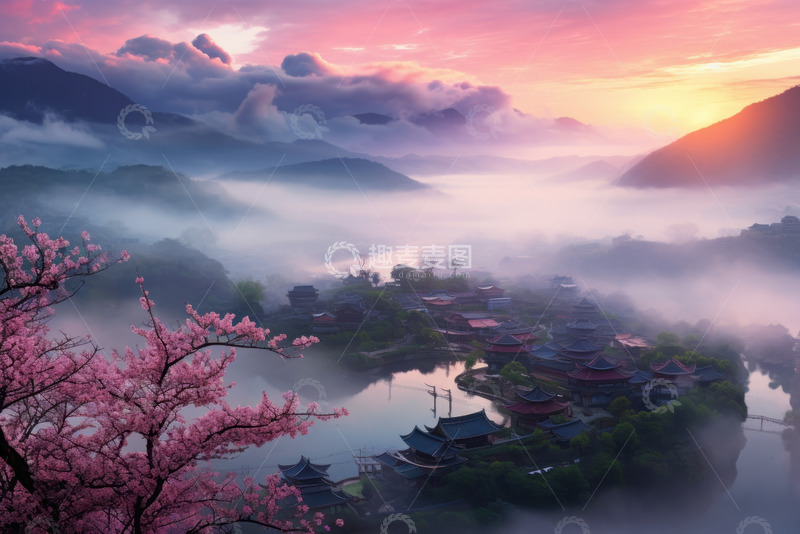 高清大图下载【趣麦麦图】桃花远山小镇
