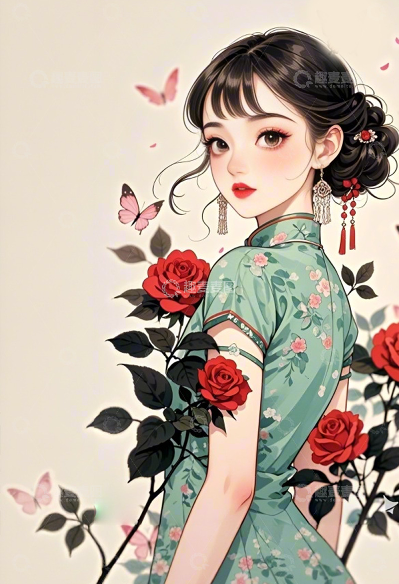 高清大图下载【趣麦麦图】女神节旗袍女人插画素材