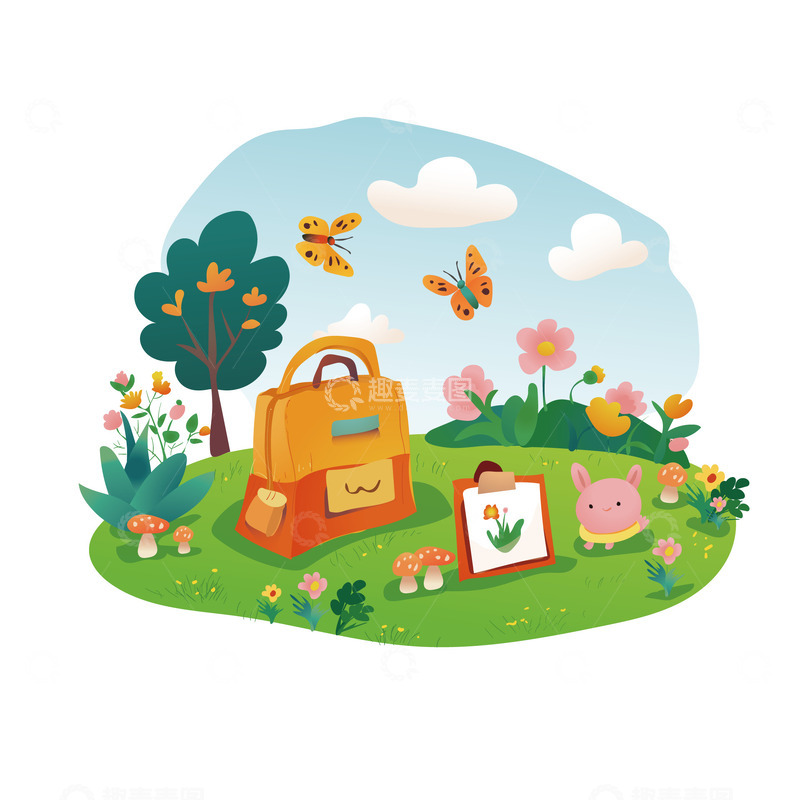 源文件下载【趣麦麦图】绿色卡通风格春天元素花朵蝴蝶春游