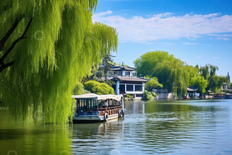 高清大图下载【趣麦麦图】春季柳树湖面划船