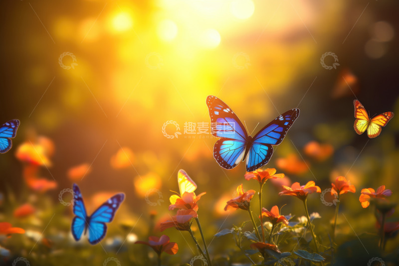 高清大图下载【趣麦麦图】花丛中飞舞的蓝色蝴蝶