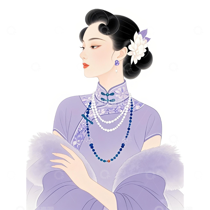 高清大图下载【趣麦麦图】国潮紫色旗袍女人插画素材