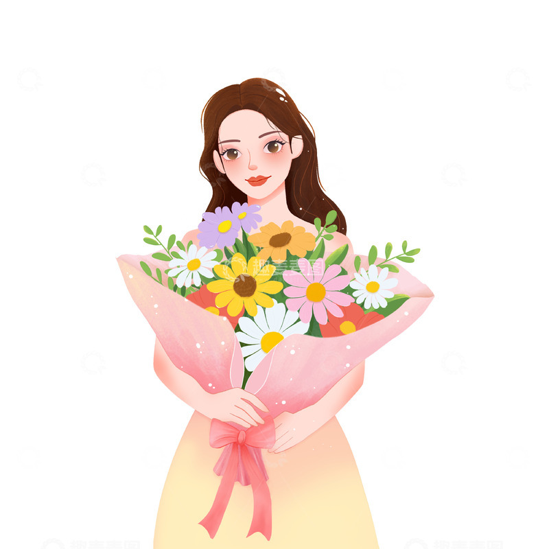 源文件下载【趣麦麦图】38妇女节抱着花束的女士人物手绘插画