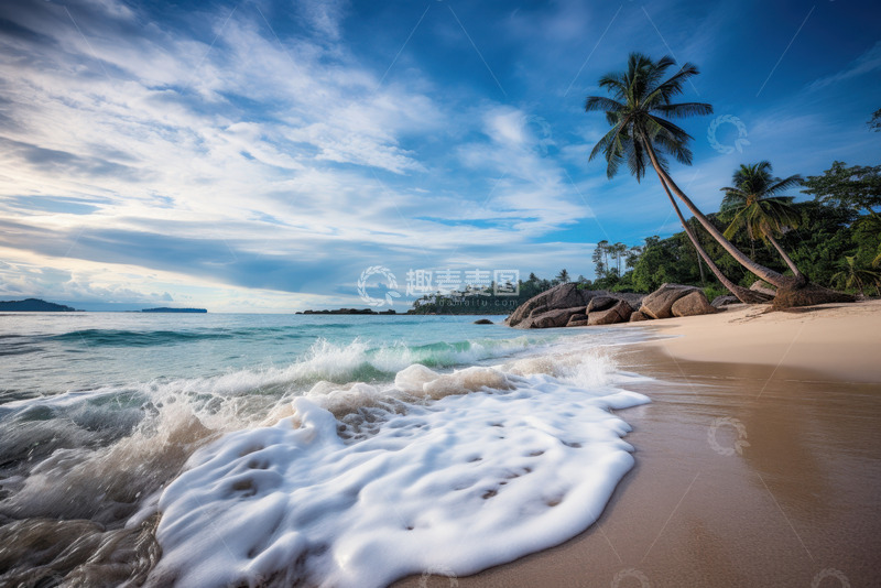 高清大图下载【趣麦麦图】沙滩海浪椰树自然美景