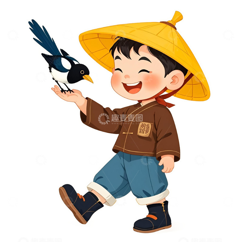 高清大图下载【趣麦麦图】春季喜鹊卡通男孩插画素材