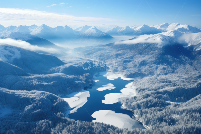 高清大图下载【趣麦麦图】冬季湖泊远山俯视图