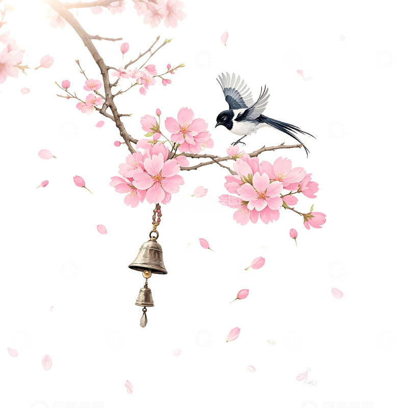 高清大图下载【趣麦麦图】春季樱花花枝喜鹊插画素材