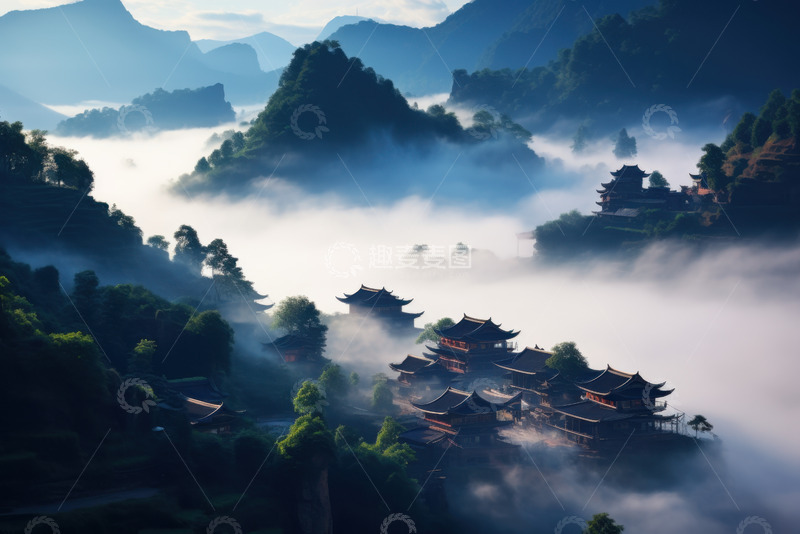 高清大图下载【趣麦麦图】塔楼云雾群山