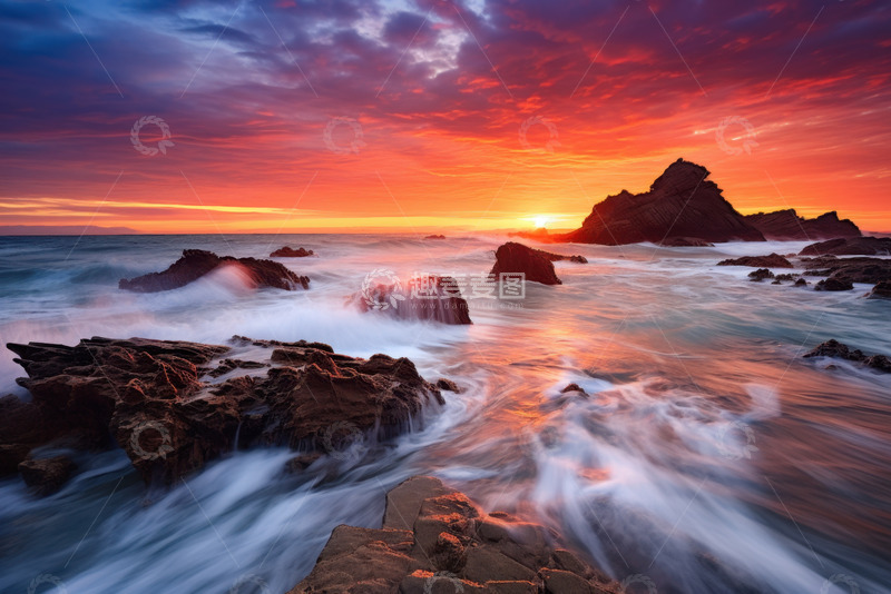 高清大图下载【趣麦麦图】夕阳下的大海礁石