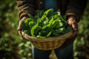 农民手捧一盆菠菜