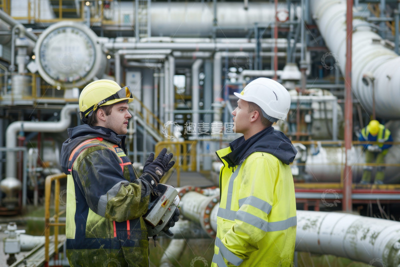 高清大图下载【趣麦麦图】工厂里交谈的两位工人