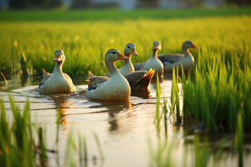 稻田里的一群鸭子摄影