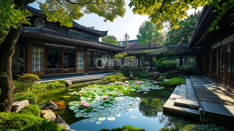 高清大图下载【趣麦麦图】新中式池塘院落