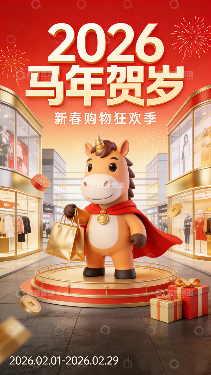 高清大图下载【趣麦麦图】卡通马年新春购物海报