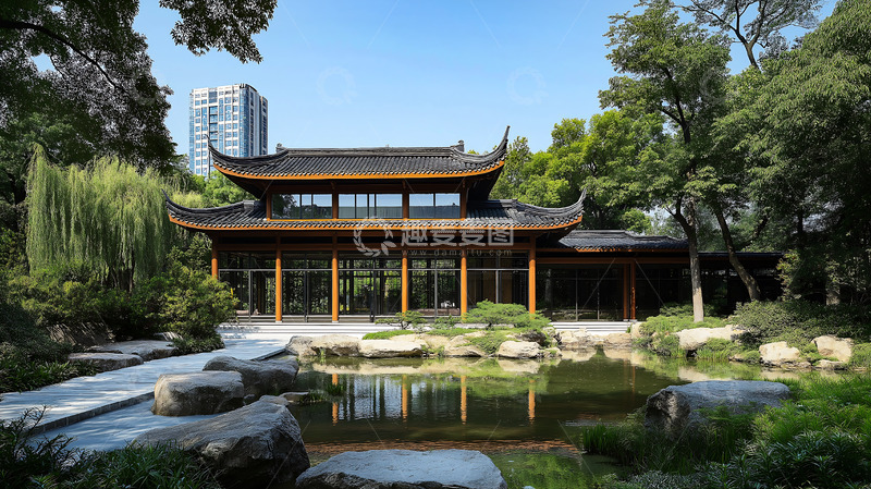 高清大图下载【趣麦麦图】新中式建筑瓦顶房屋卯榫