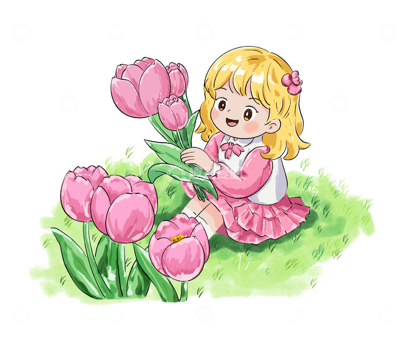 源文件下载【趣麦麦图】春天草地郁金香女孩小草花手绘卡通插画