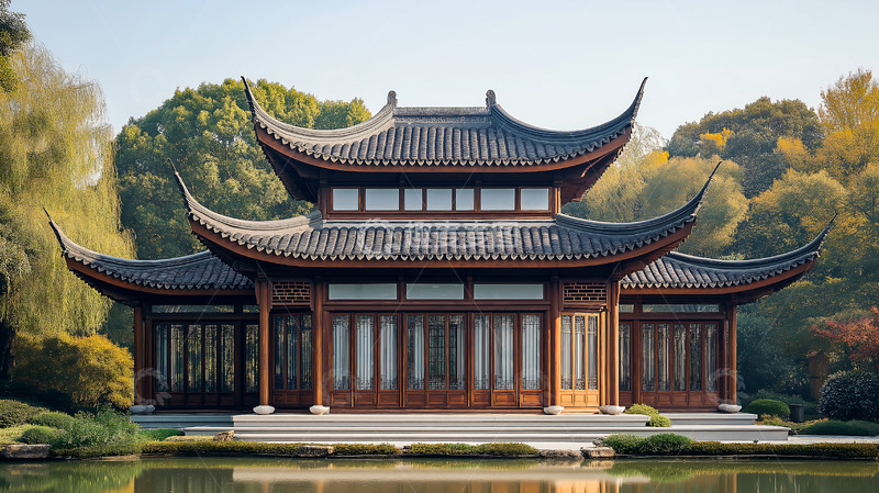 高清大图下载【趣麦麦图】新中式建筑瓦顶卯榫房屋