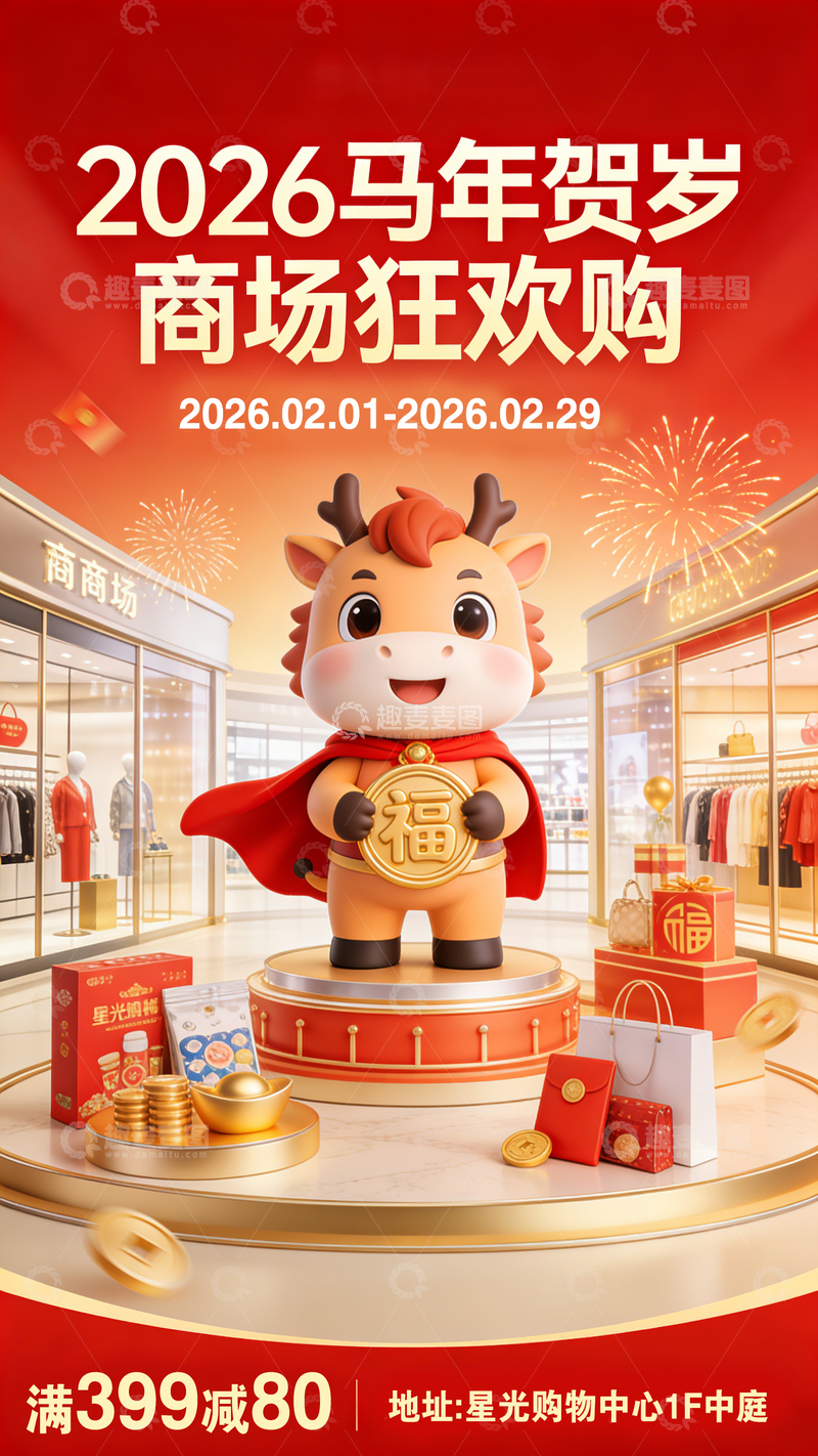 源文件下载【趣麦麦图】卡通马年贺岁促销海报