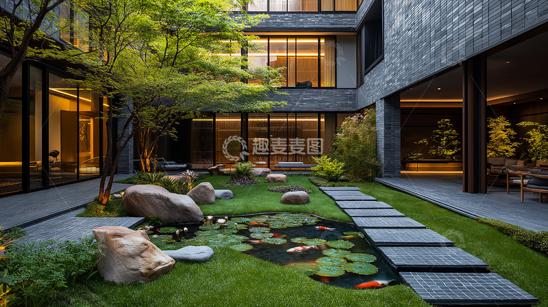 高清大图下载【趣麦麦图】新中式池塘庭院
