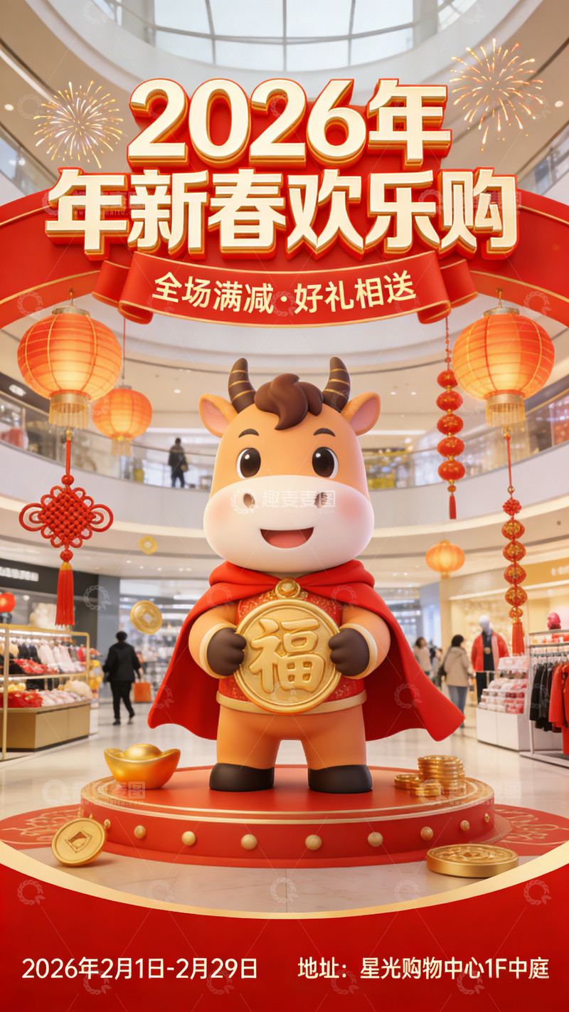 高清大图下载【趣麦麦图】卡通牛新春欢乐购宣传海报