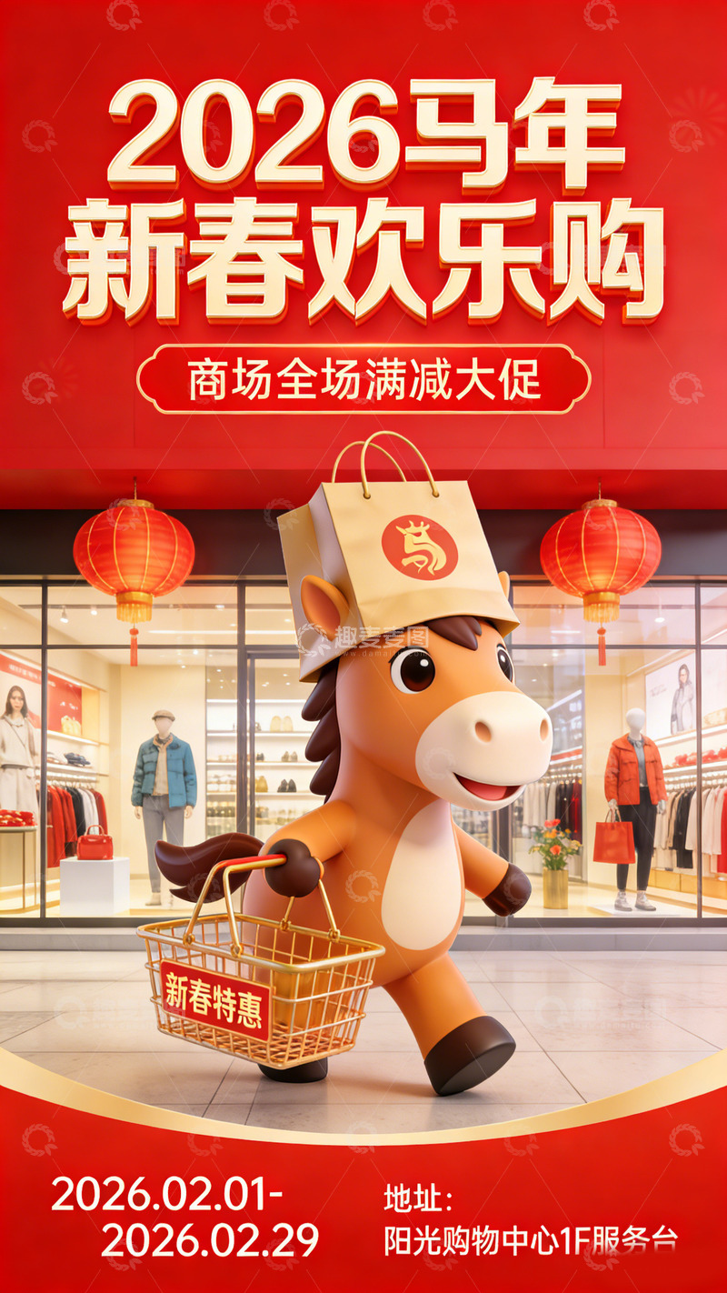 高清大图下载【趣麦麦图】卡通马年新春购物促销海报设计